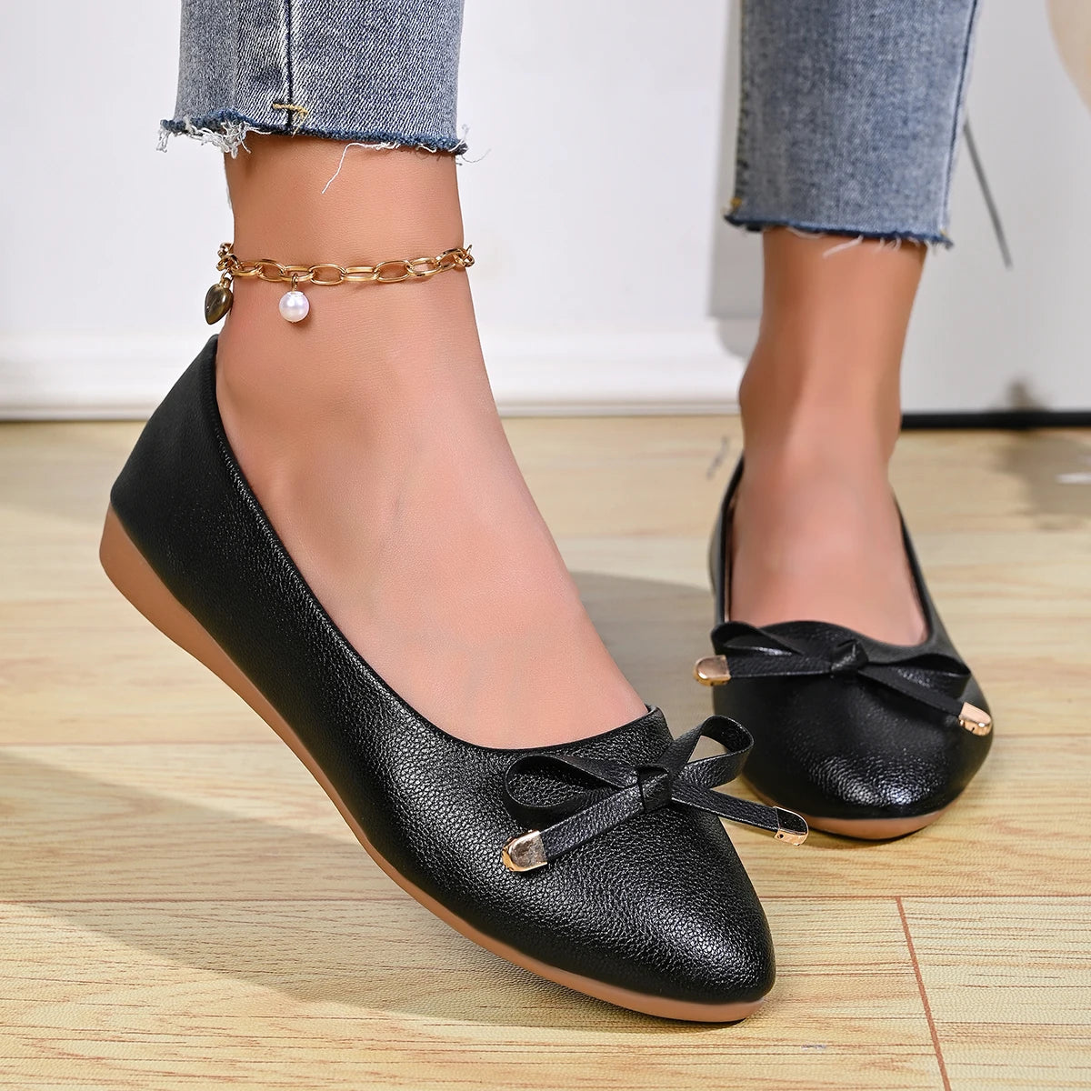 Bow Shallow Mouth Soft Sole Comfortable Leather Shoes Women's New Wedge Single Shoes