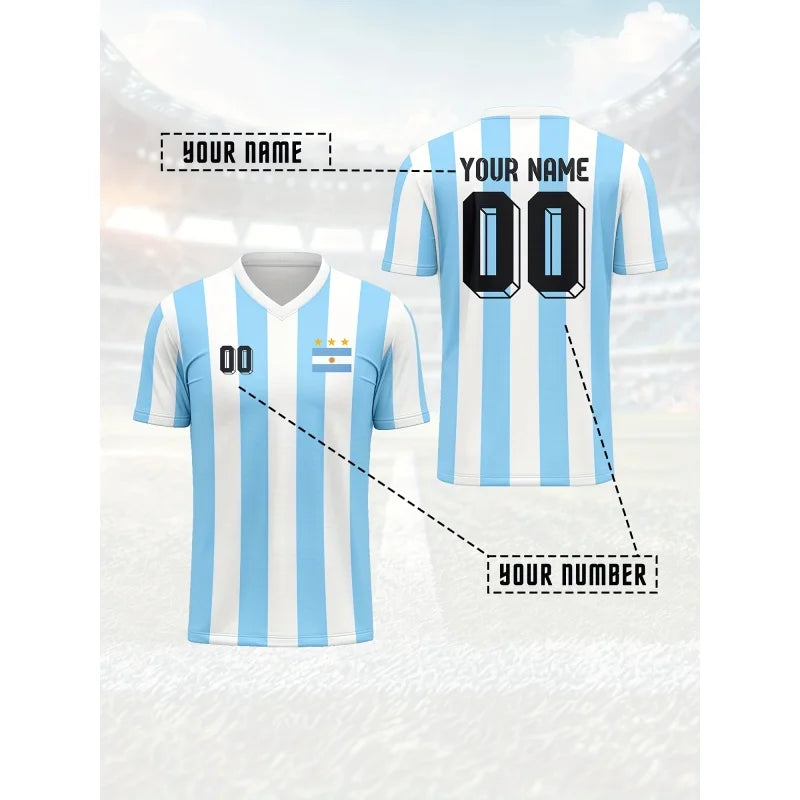 Argentina Jerseys Pattern T-Shirt For Men Football Customized 3D Print Short Sleeve Tops Summer Loose V-Neck T Shirts Sport Tees