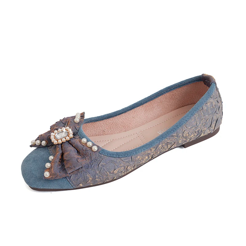Diamond-encrusted bow versatile flat shoes 2026 new square toe soft sole slip-on single shoes