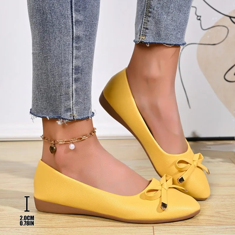 Bow Shallow Mouth Soft Sole Comfortable Leather Shoes Women's New Wedge Single Shoes