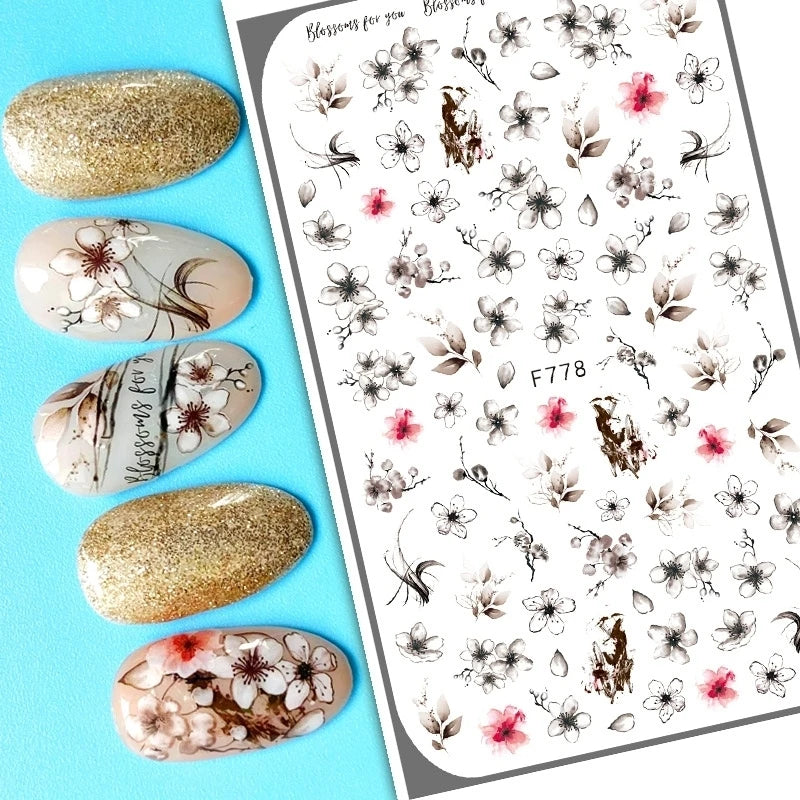 3d Nail Art Decals Grey Dry Florals Watercolor Nuance Flowers Adhesive Sliders Nails Stickers Decorations For Manicures Tips