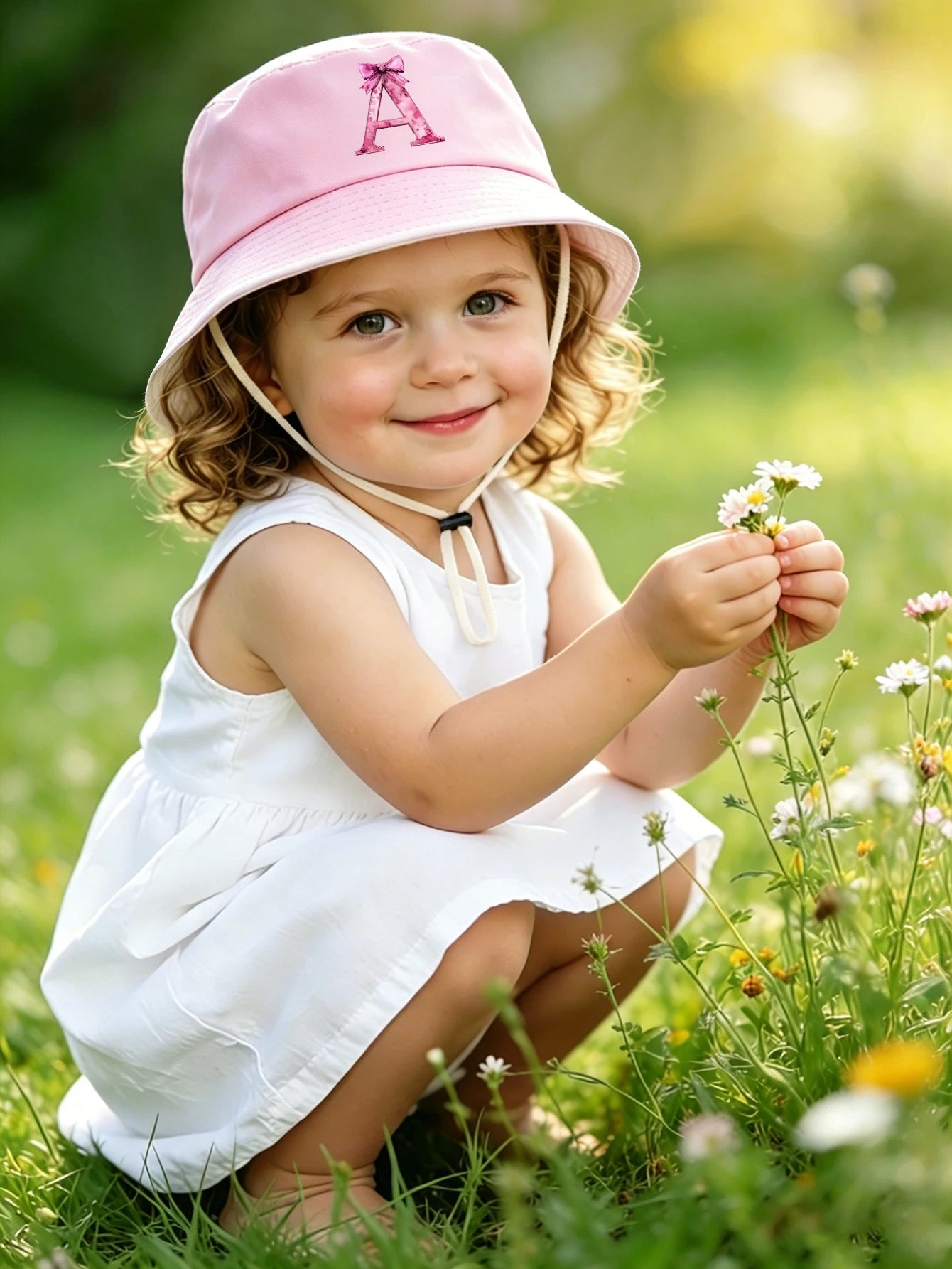 1pc pink baby girl bucket hat cap 3-8 years old Spring A-Z letter And  Summer Cap Features a ButterflyKnot Design with Fuchsia L