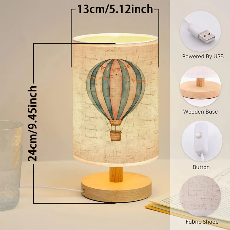 Hot Air Balloon Printed Minimalist Ambient Table Lamp - Linen Shade, USB Powered, Suitable for Bedroom, Ideal as  Home Decor