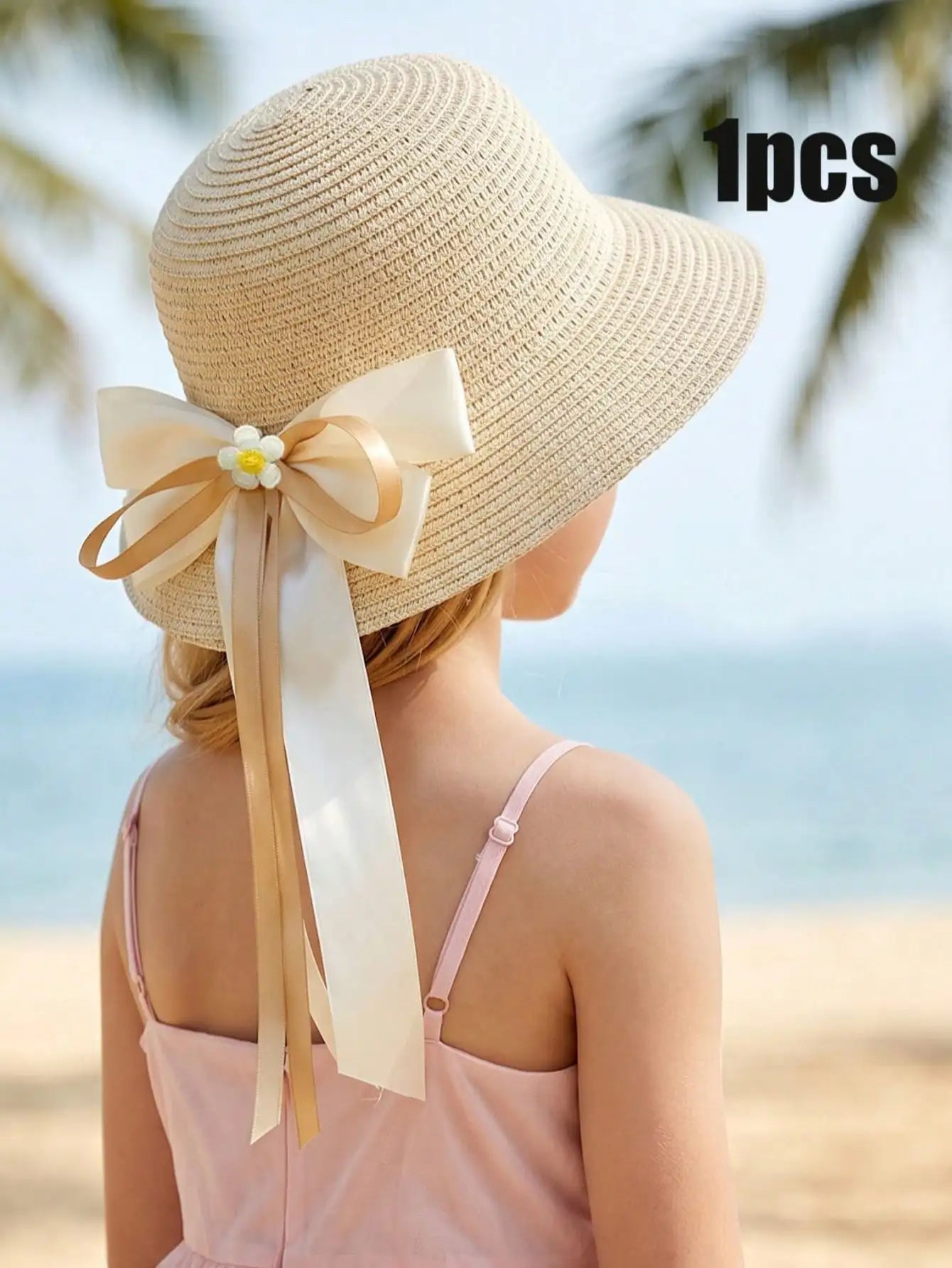 1Pc 3-8Y Girls Coffee Bow Straw Hat Woven Sun Hat Breathable Outdoor Beach Summer Shade Cap for Kids Daily Play Travel