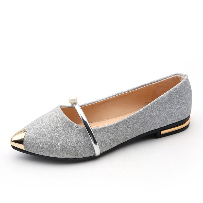 Spring and Autumn New Women's Pointy Pearls Decorated Low-cut Shoes with Metal Heads Korean Style Pumps Zapatos De Mujer