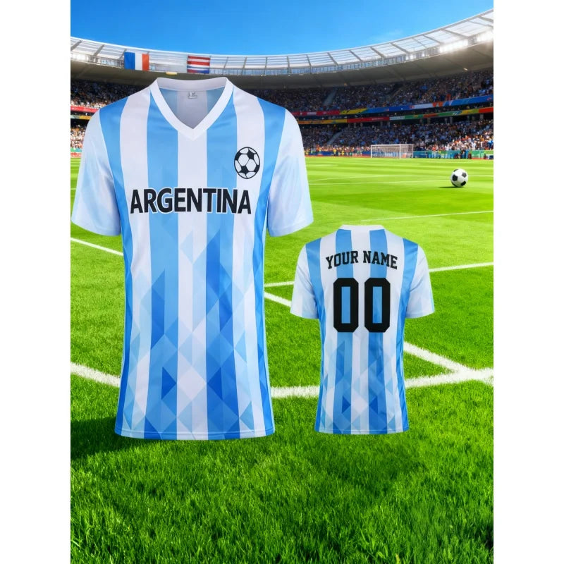 Argentina Jerseys Pattern T-Shirt For Men Football Customized 3D Print Short Sleeve Tops Summer Loose V-Neck T Shirts Sport Tees