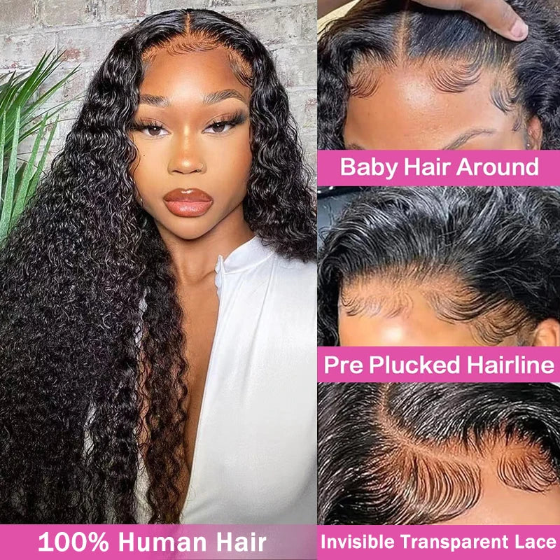 40 42 Inch Deep Wave Lace Front Wig Human Hair 100% Human Hair Deep Curly Frontal Wig Pre Plucked with Baby Hair for Women