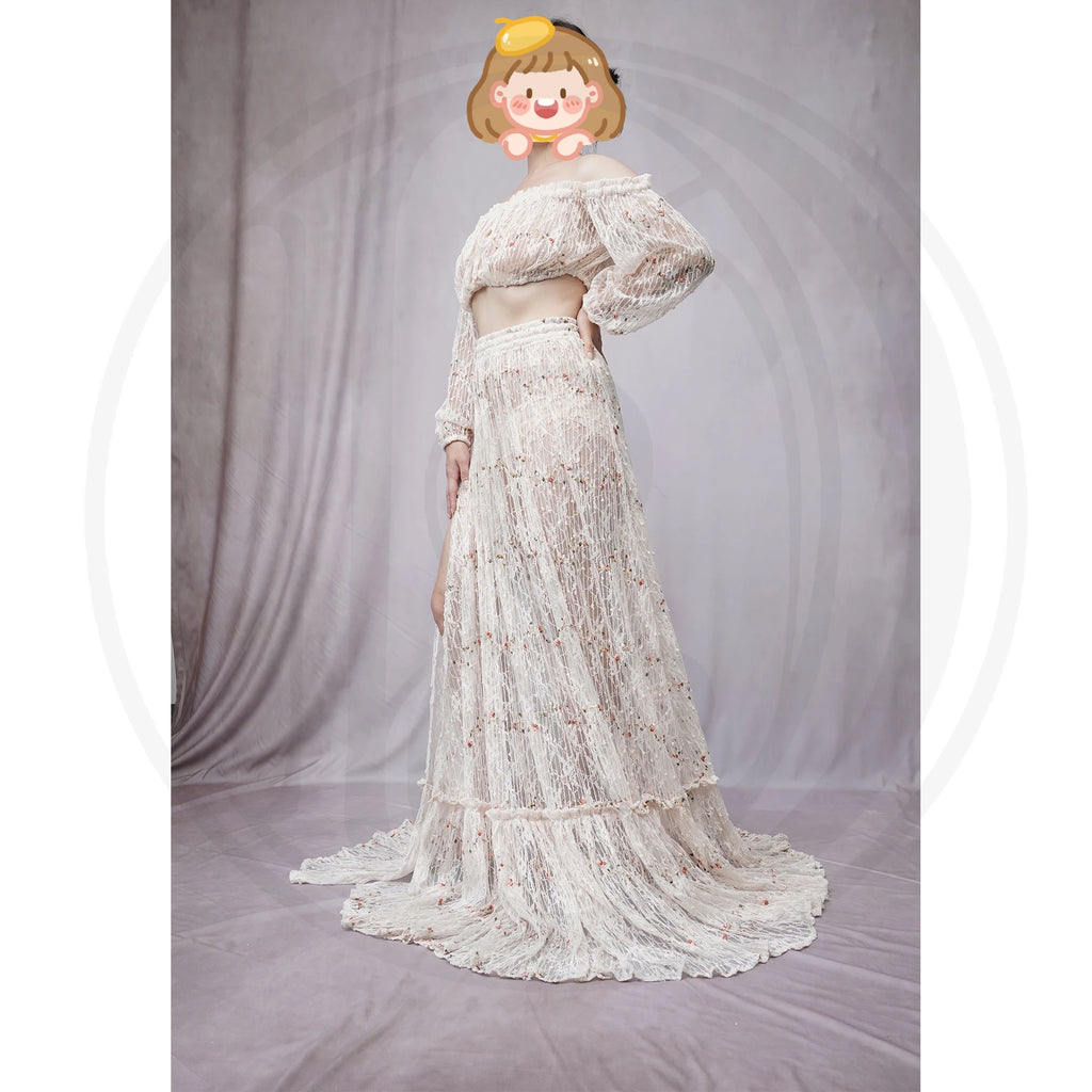 Don&Judy Flower Embroider Wedding Dresses Boho Bride Lace Two Pieces Party Gown Side Slit Maternity Photography Pregnancy Women
