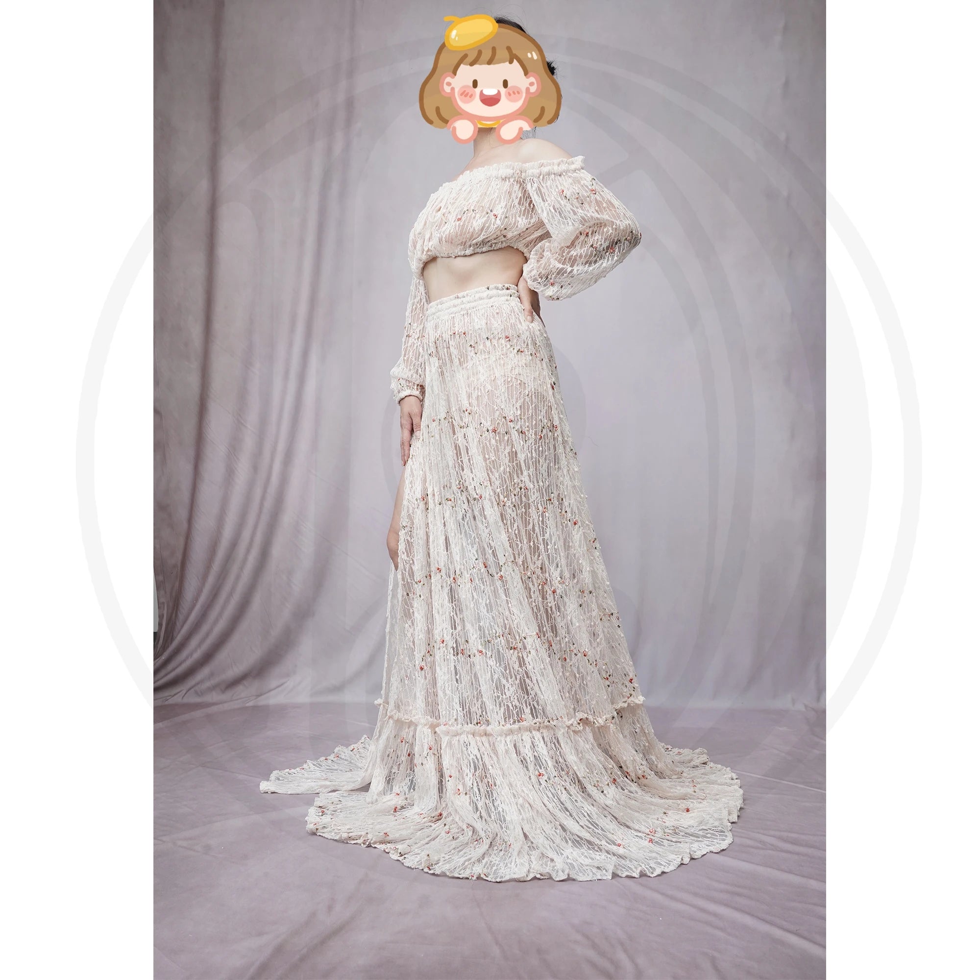 Don&Judy Flower Embroider Wedding Dresses Boho Bride Lace Two Pieces Party Gown Side Slit Maternity Photography Pregnancy Women