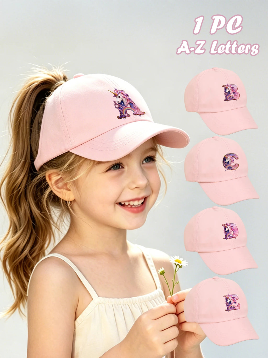 1pc pink baby hat  Adjustable Youngsters' Baseball Cap with A-Z letter Rainbow Unicorn - Breathable Sun Hat for Boys and Girls A