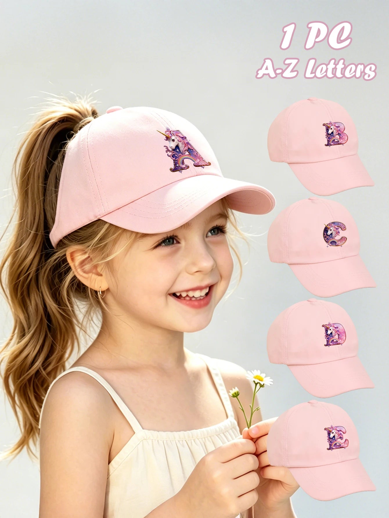 1pc pink baby hat  Adjustable Youngsters' Baseball Cap with A-Z letter Rainbow Unicorn - Breathable Sun Hat for Boys and Girls A