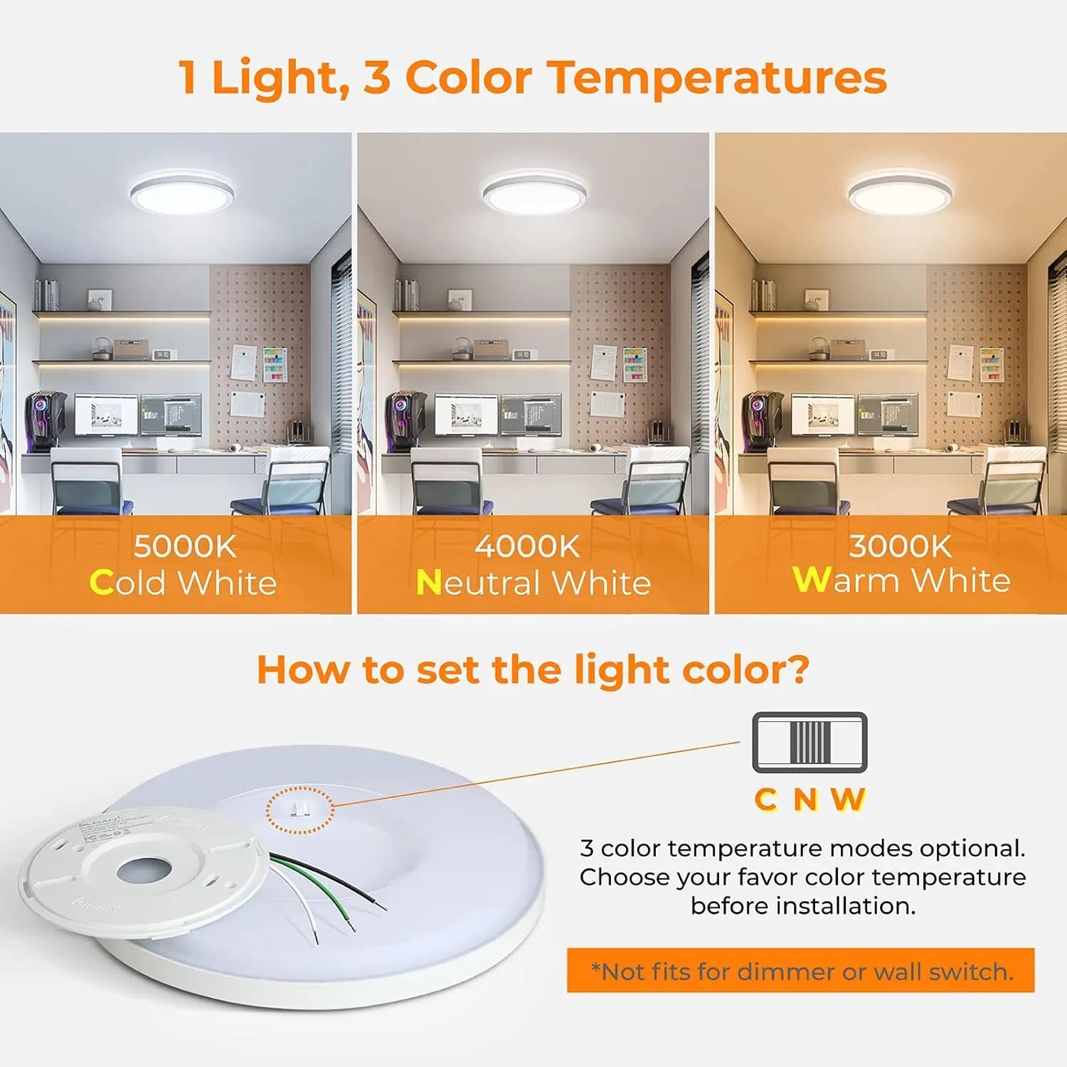 12 Inch LED Flush Mount Ceiling Light 24W, Ultra Thin Round Hardwired Fixture with 3 Color Temperatures for Kitchen Hallway