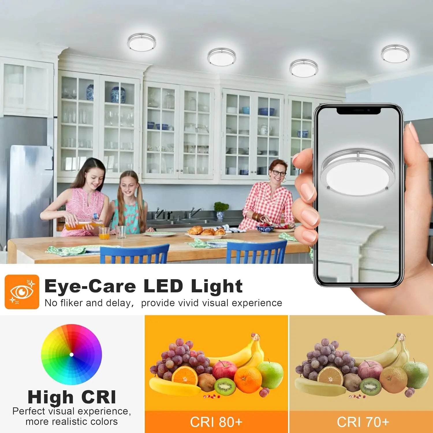 7.5 Inch Round Brushed Nickel LED Ceiling Light Flush Mount with 5 Color Temperatures for Kitchen Bathroom Bedroom