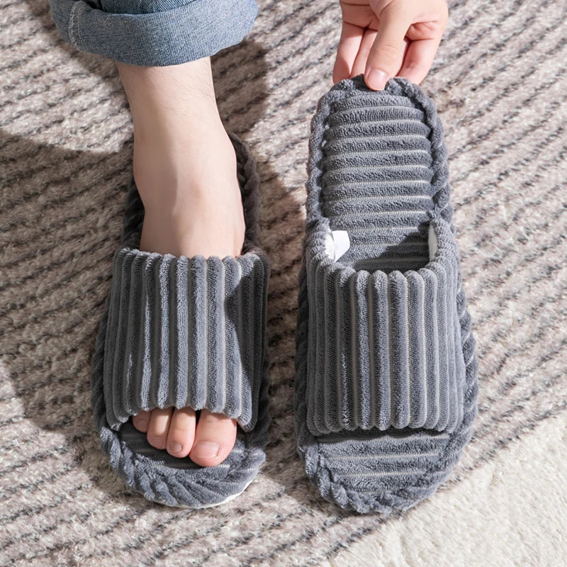 Open-Toe Breathable House Slippers for Women, Non-Slip Indoor Flat Comfort Striped/Solid Bathroom Slides for Hardwood Floors