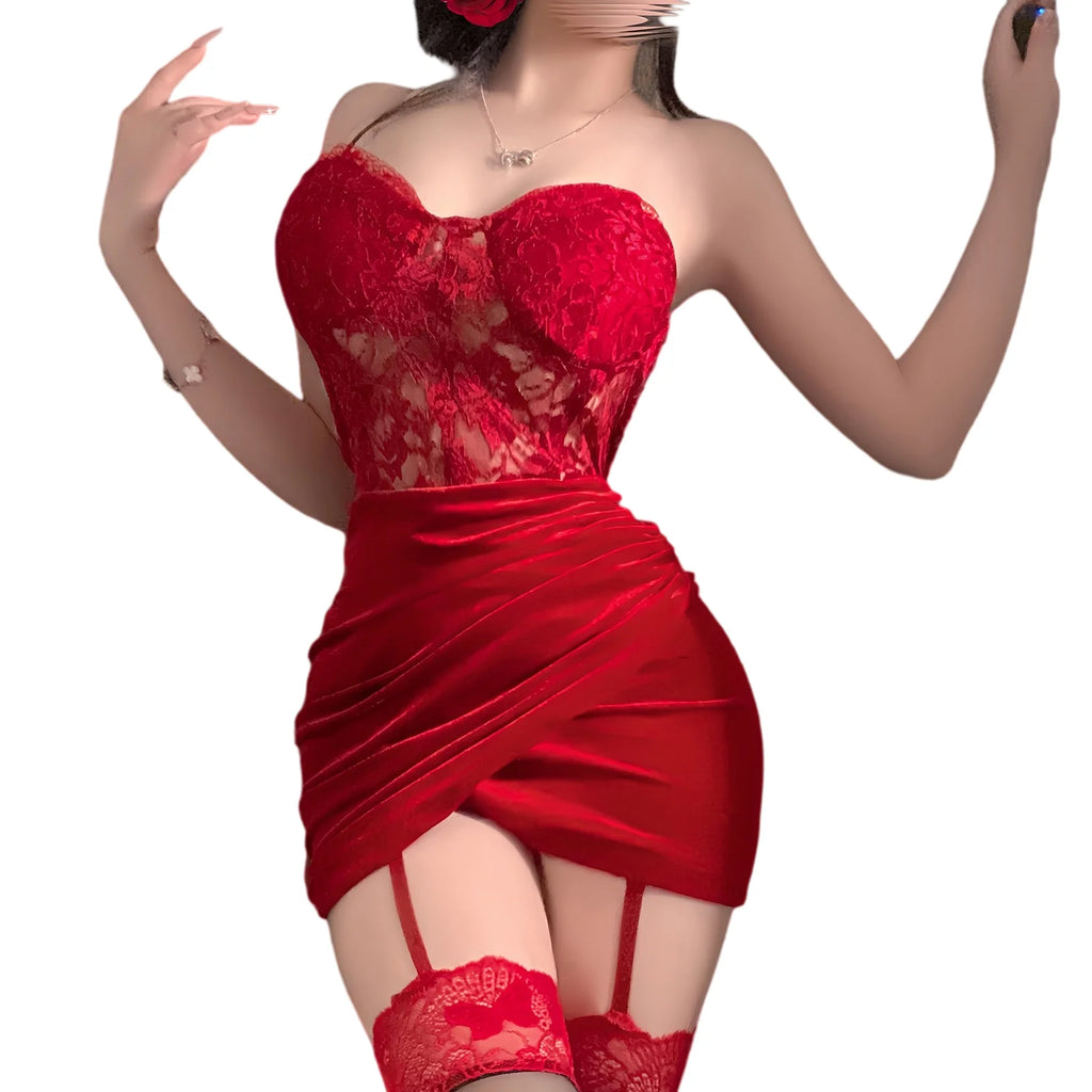 Fashionable French Gold Velvet Sleeping Skirt with Sexy Splicing Lace Waist and Strapless Skirt Sexy Underwear Festival Dress