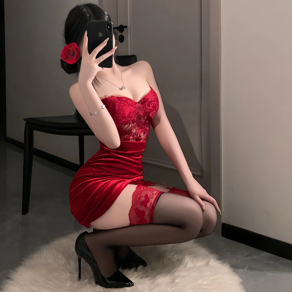 Fashionable French Gold Velvet Sleeping Skirt with Sexy Splicing Lace Waist and Strapless Skirt Sexy Underwear Festival Dress