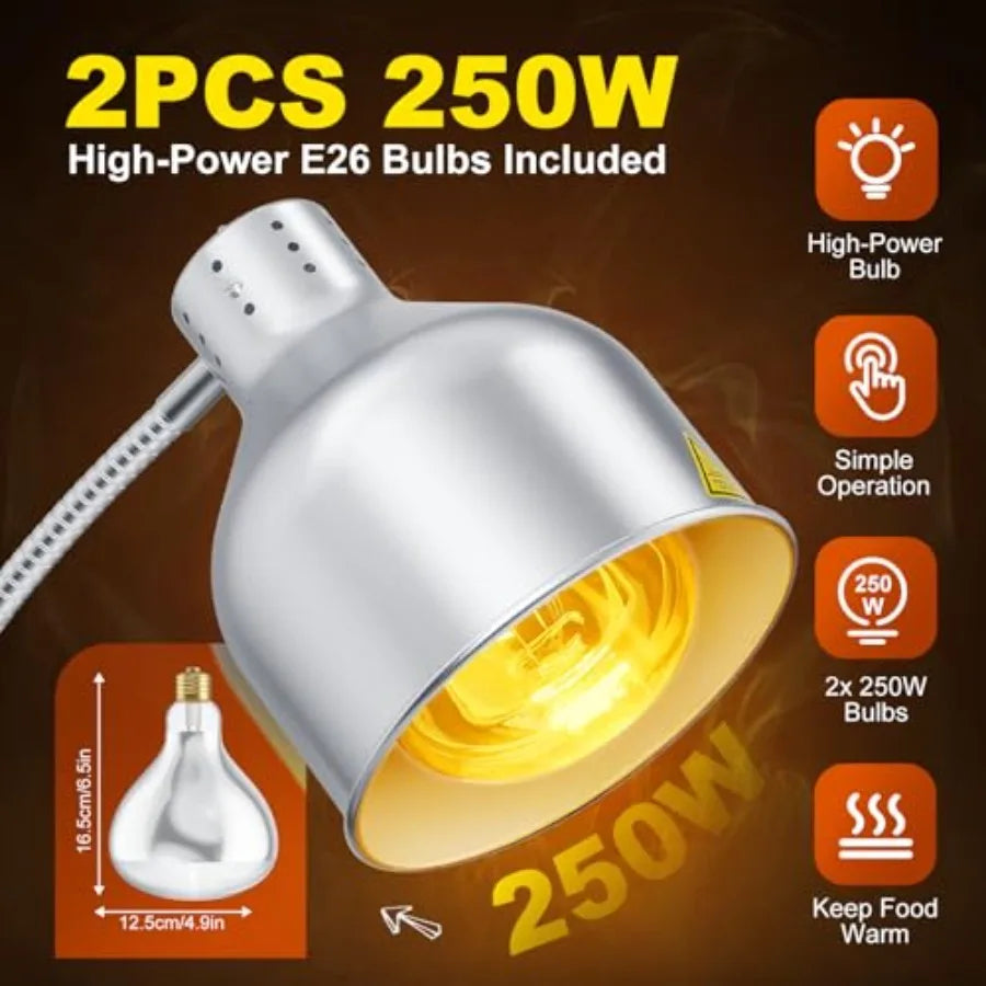 Food Heat Lamp for Restaurant Kitchen Buffet Counter Party Catering, Stainless Steel, Silver, 250W Dual-Bulb 360 Adjustable Por
