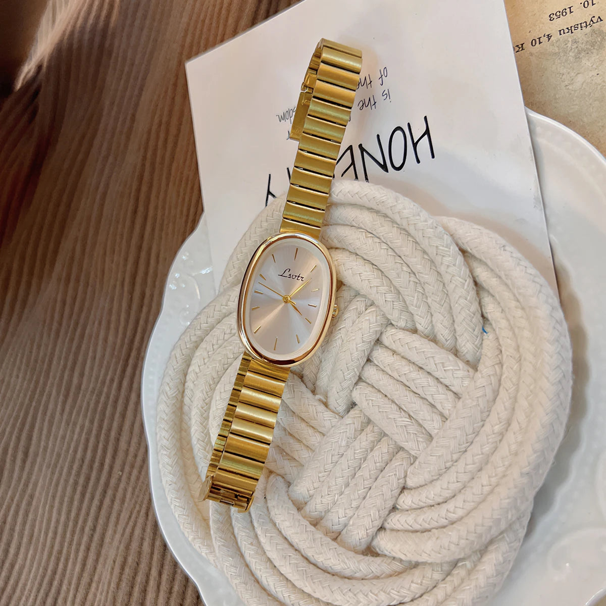 OFIMOBI Women's Quartz Watch Vintage Minimalist Oval Slim Stainless Steel Band Ladies Wristwatch for Daily Office Casual Wear