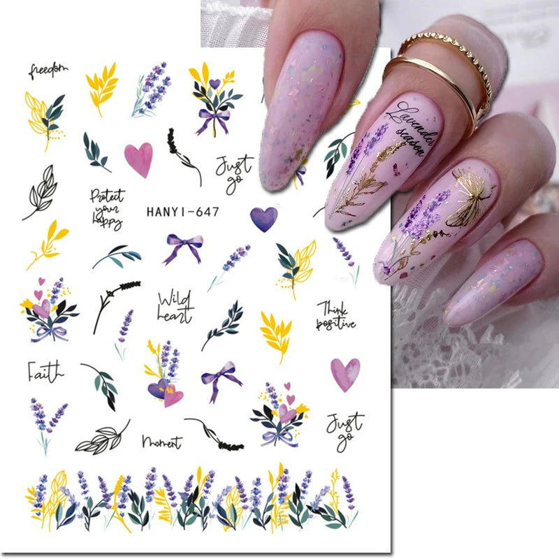 3d Nail Art Decals Grey Dry Florals Watercolor Nuance Flowers Adhesive Sliders Nails Stickers Decorations For Manicures Tips
