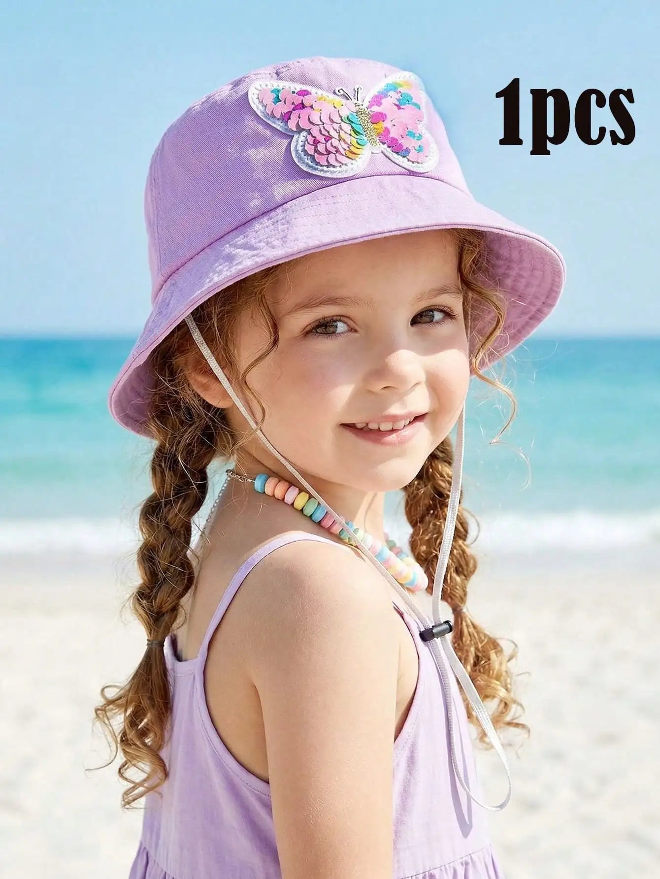 1pcs 3-8Y Girls Sequined Butterfly Fisherman Hat Pink Adjustable Head Circumference Thin Sun Protection Summer Cap