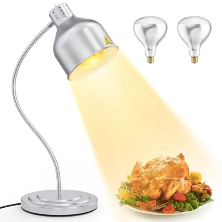 Food Heat Lamp for Restaurant Kitchen Buffet Counter Party Catering, Stainless Steel, Silver, 250W Dual-Bulb 360 Adjustable Por