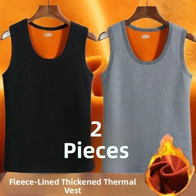 Men's Gold Velvet Fleece Lined Thickened Sleeveless Vest Warm Underwear Autumn Winter round Neck Knitted Vest Youth Casual Wear