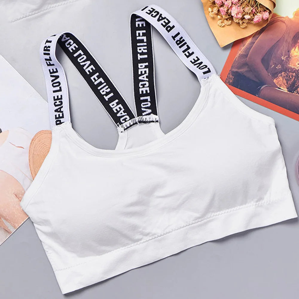 Women's Seamless Sports Crop Top Wide Letter Straps Wireless Back Comfortable Yoga Fitness Workout Activewear