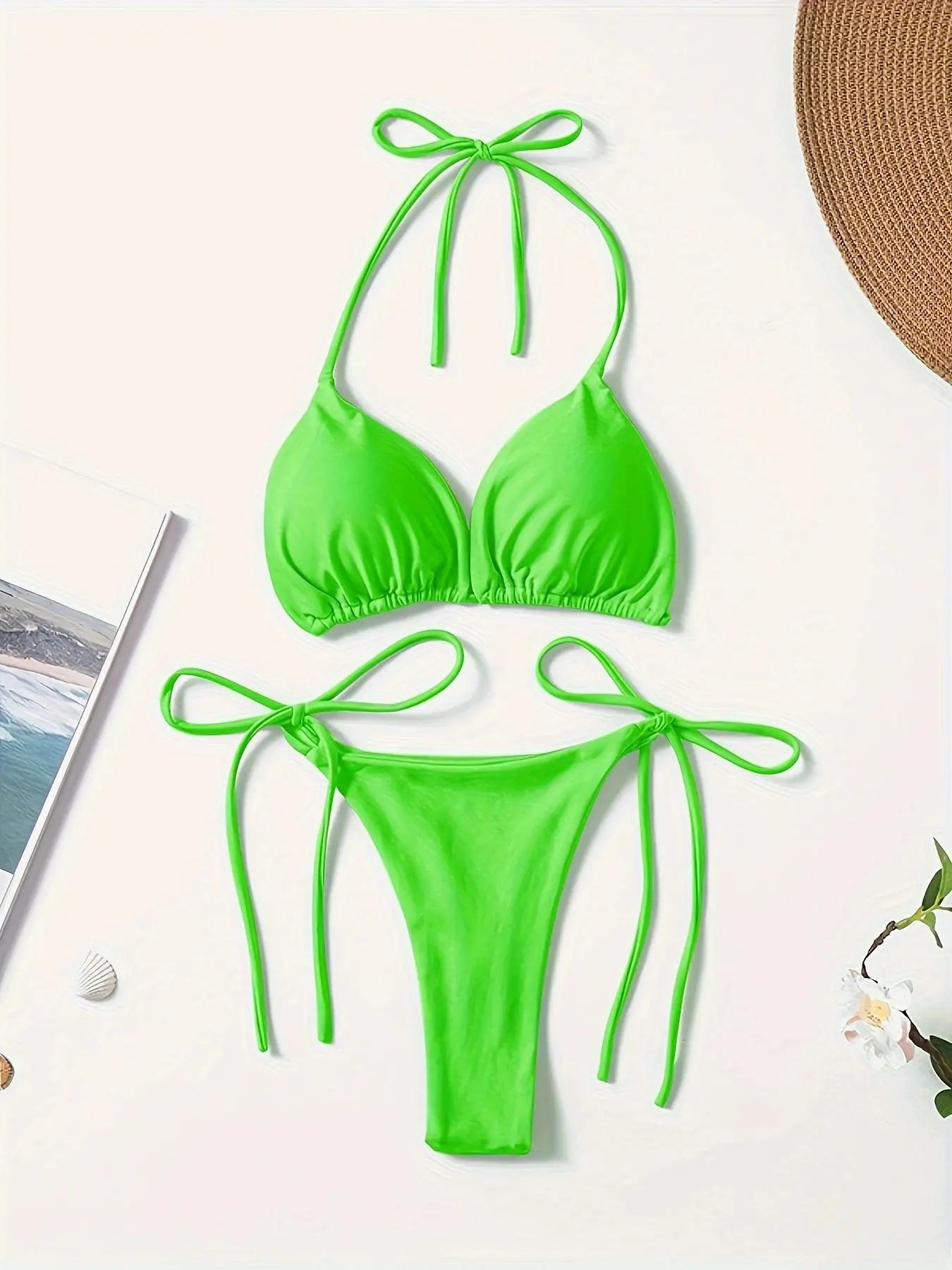 New European and American Pure Color Sexy Tied Rope Spicy Girl Temperament Women's Fashionable Bikini Swimsuit Bright Color