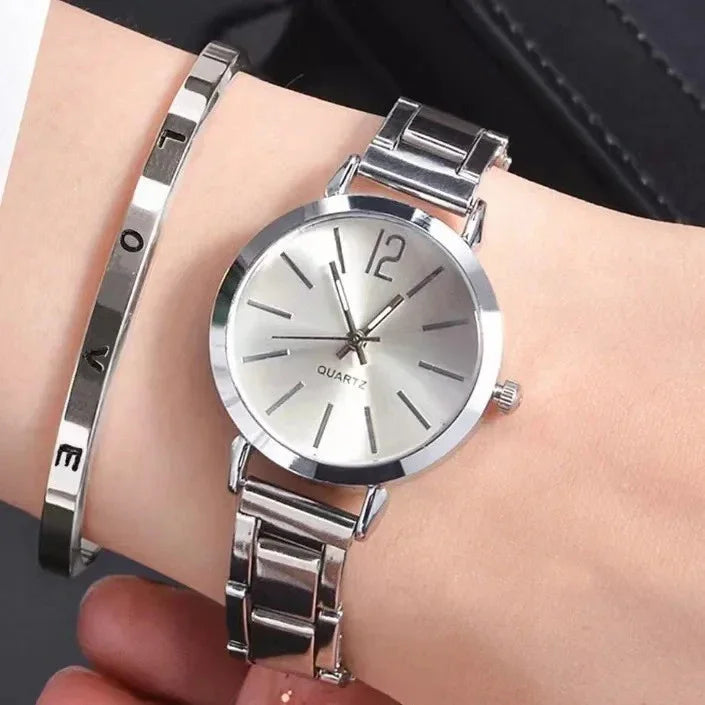 2PCS Women's Watch Fashion Gold Steel Band Quartz Wristwatch Opening Cuff Bracelet Set