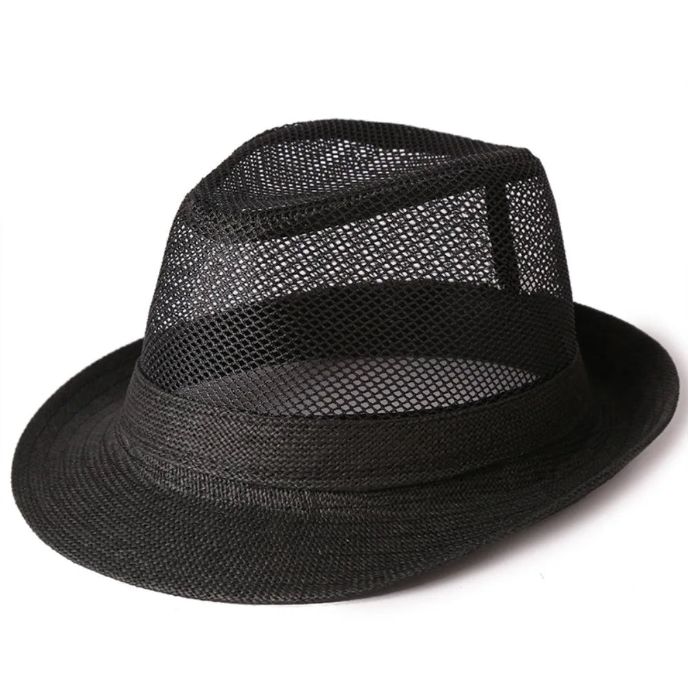 Fashion Breathable Mesh Top Hat Solid Color Lightweight Hollow Sun Hat Sun Protection Rolled Brim Beach Jazz Cap Casual Wear