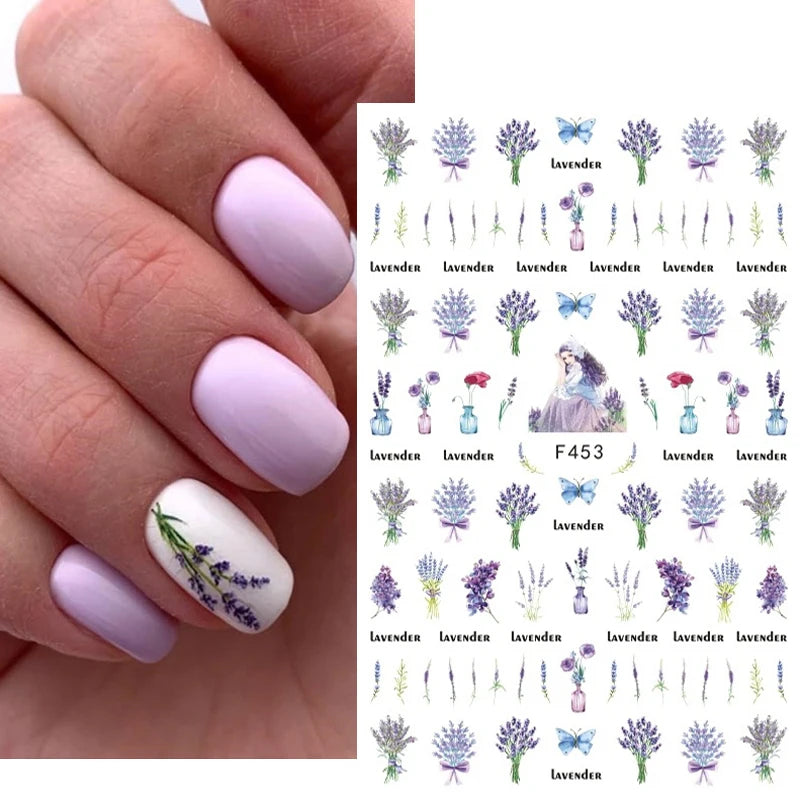 3d Nail Art Decals Grey Dry Florals Watercolor Nuance Flowers Adhesive Sliders Nails Stickers Decorations For Manicures Tips