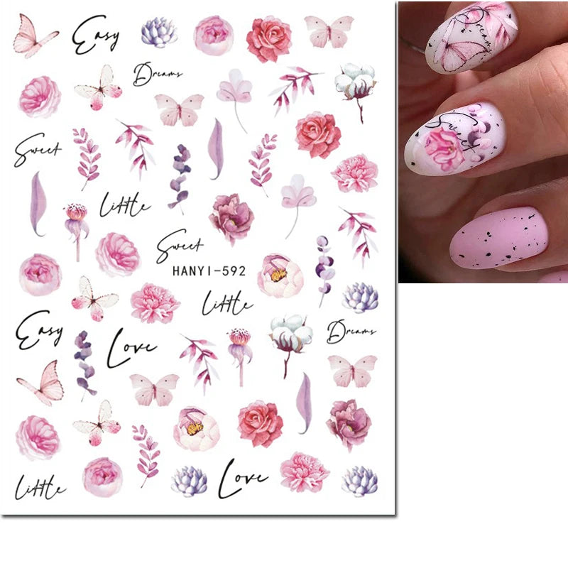 3d Nail Art Decals Grey Dry Florals Watercolor Nuance Flowers Adhesive Sliders Nails Stickers Decorations For Manicures Tips