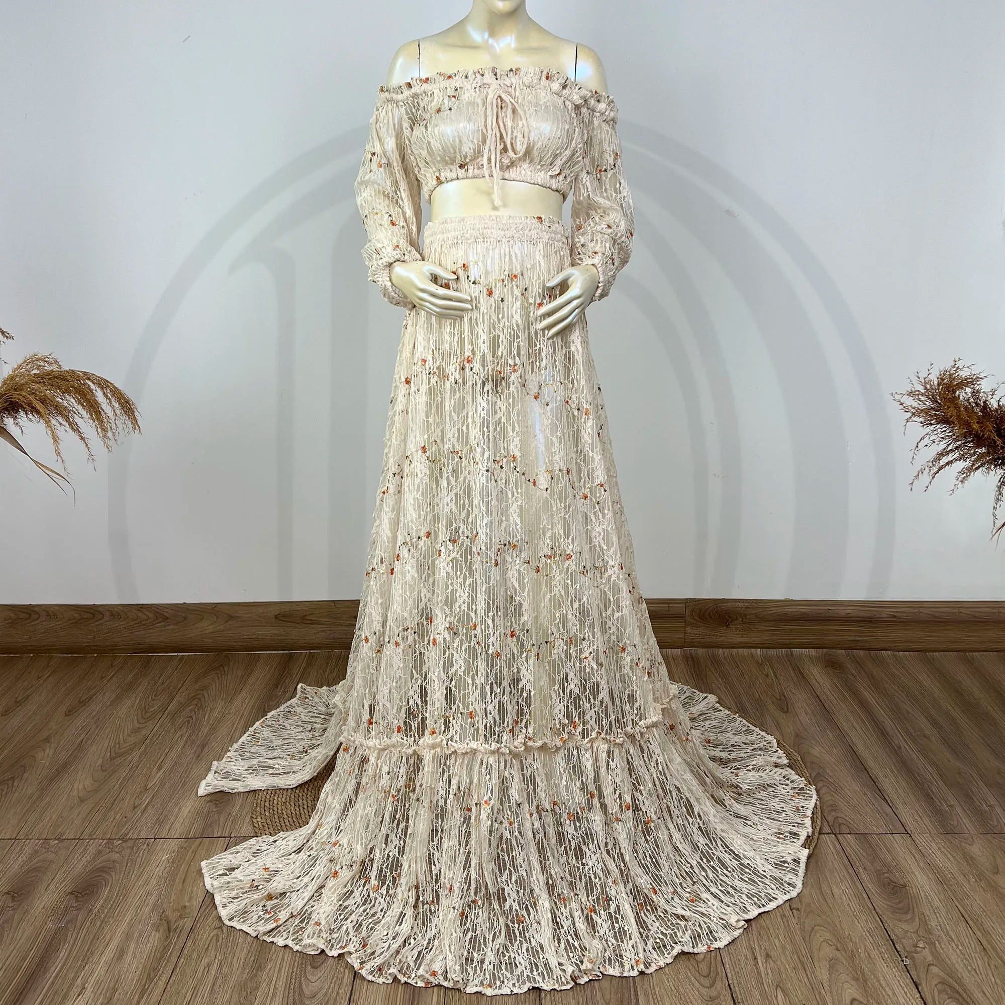 Don&Judy Flower Embroider Wedding Dresses Boho Bride Lace Two Pieces Party Gown Side Slit Maternity Photography Pregnancy Women