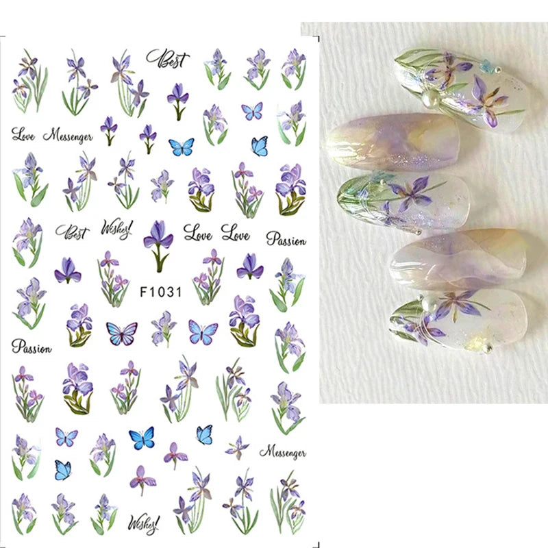 3d Nail Art Decals Grey Dry Florals Watercolor Nuance Flowers Adhesive Sliders Nails Stickers Decorations For Manicures Tips