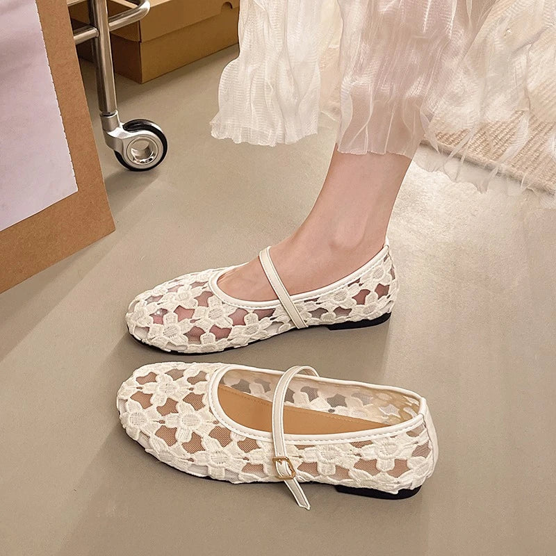 Women's Ballet Flats Ballerina Shoes 2026 Summer New Comfortable Embroidered Mesh Buckle Strap Elegant Shoe