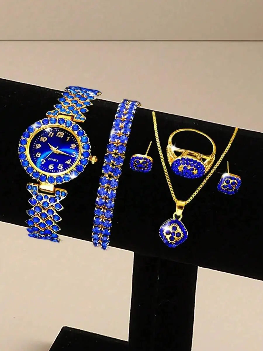 Luxury Blue Crystal Inlaid Alloy Womens Quartz Wristwatch With Bracelet Band