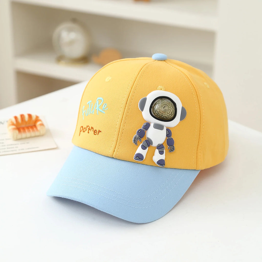 Children's soft rubber robot doll with "Future Partner" colorful letter embroidery contrast baseball cap