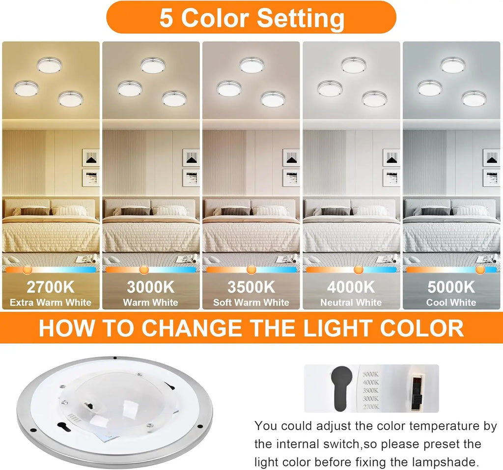 7.5 Inch Round Brushed Nickel LED Ceiling Light Flush Mount with 5 Color Temperatures for Kitchen Bathroom Bedroom
