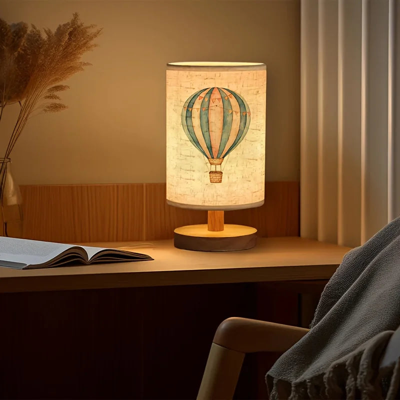Hot Air Balloon Printed Minimalist Ambient Table Lamp - Linen Shade, USB Powered, Suitable for Bedroom, Ideal as  Home Decor