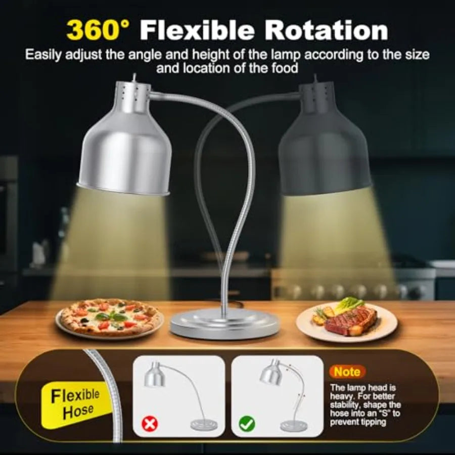 Food Heat Lamp for Restaurant Kitchen Buffet Counter Party Catering, Stainless Steel, Silver, 250W Dual-Bulb 360 Adjustable Por