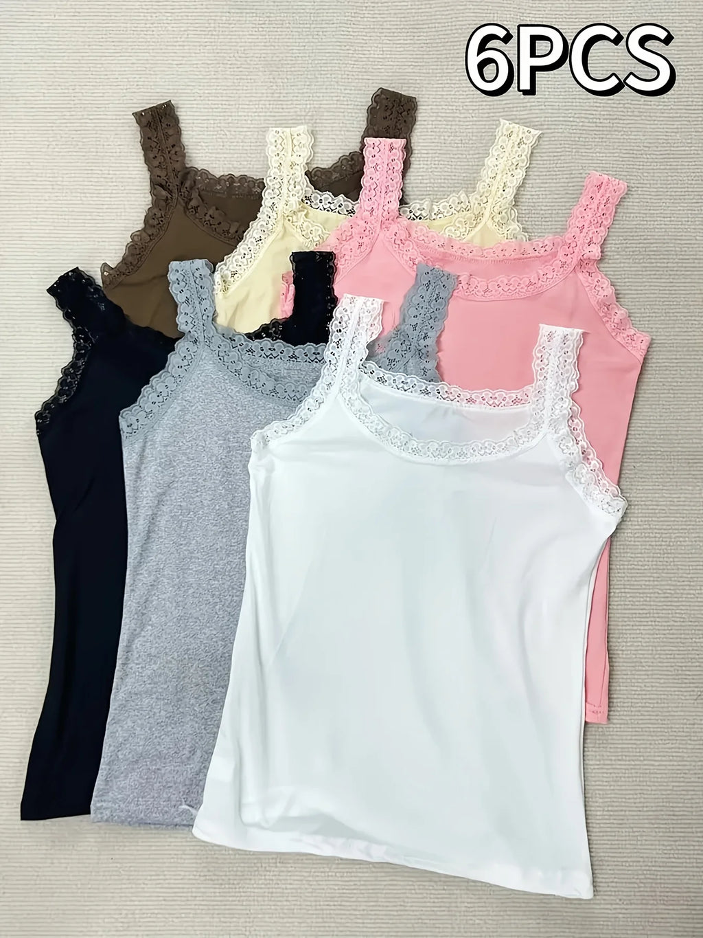 6 Pieces Plus Size Lace Camisole for Women, Slim Fit Thin Sexy Lace Tank Tops, Solid Color Inner Wear & Outer Wear Basic Vest