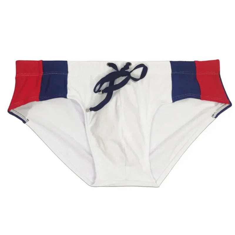 2025Men's side color matching triangle swimming trunks tethered close-fitting fashion trendy men's beach briefs men's UXH332