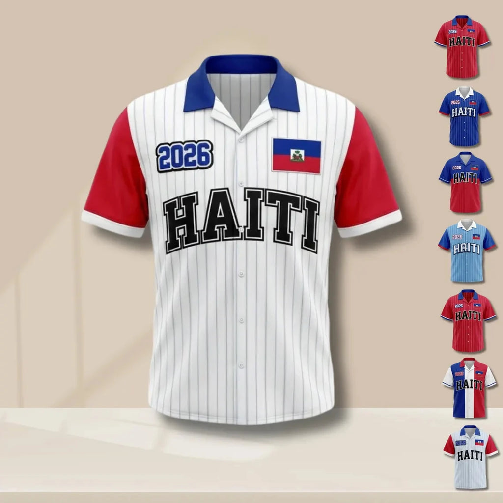 Haiti 2026 Print Custom Diy Sports Jersey Personalized Name Number Short Sleeve Button Up Shirt For Haiti Supporters Daily Tops