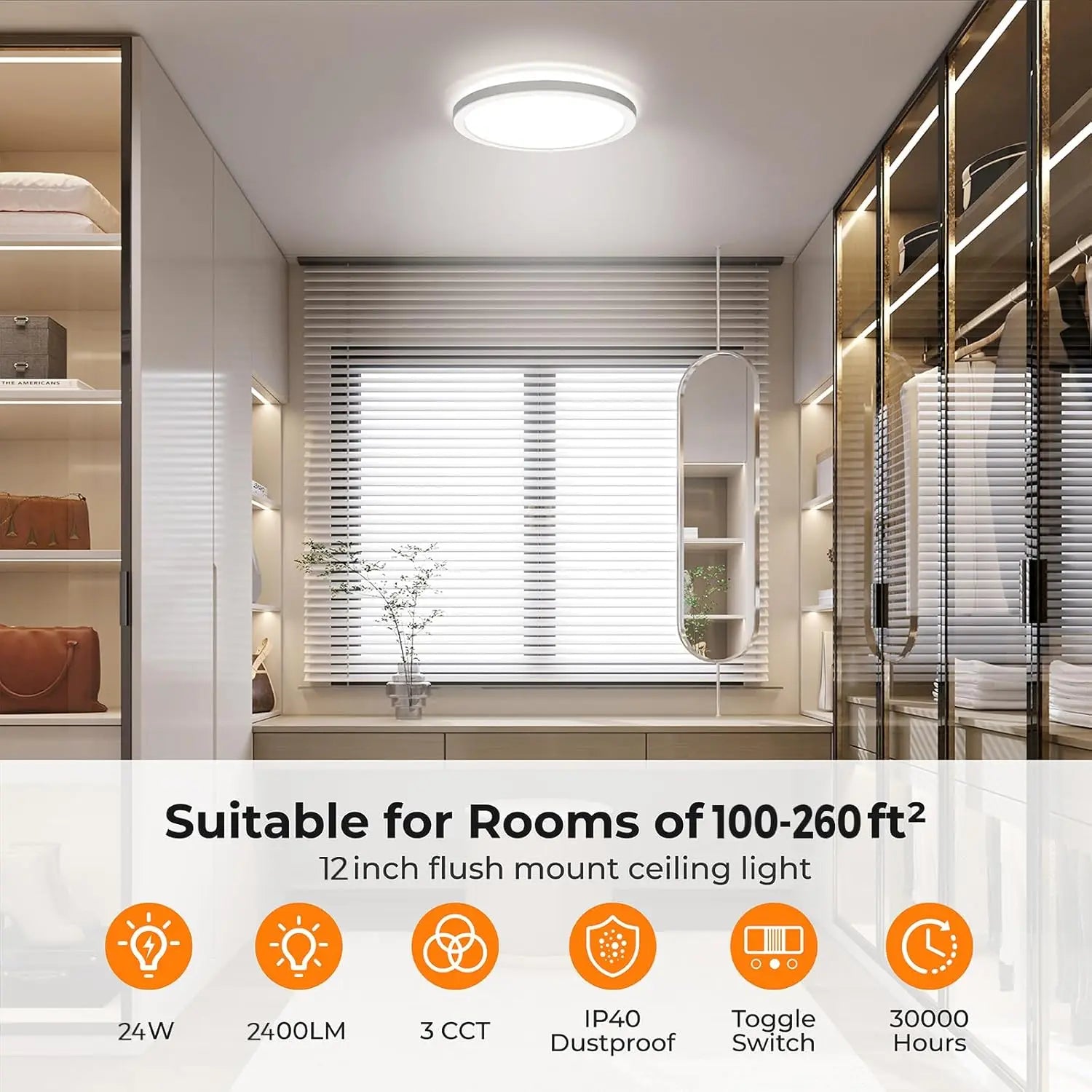 12 Inch LED Flush Mount Ceiling Light 24W, Ultra Thin Round Hardwired Fixture with 3 Color Temperatures for Kitchen Hallway