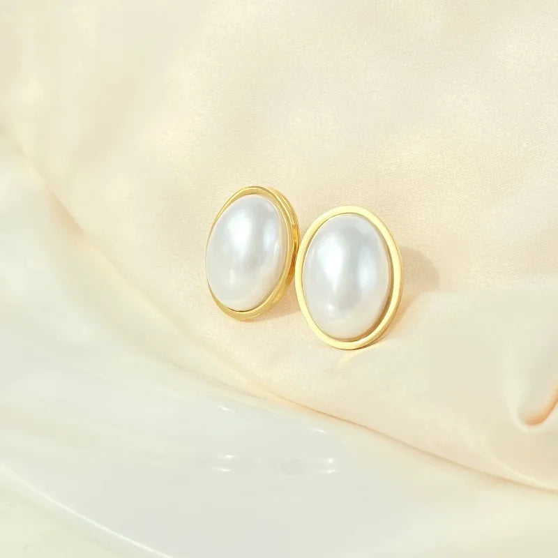 Retro Exquisite Gold Color Stainless Steel Oval Imitation Pearl Pendant Necklace for Women Collarbone Chain Jewelry Accessories
