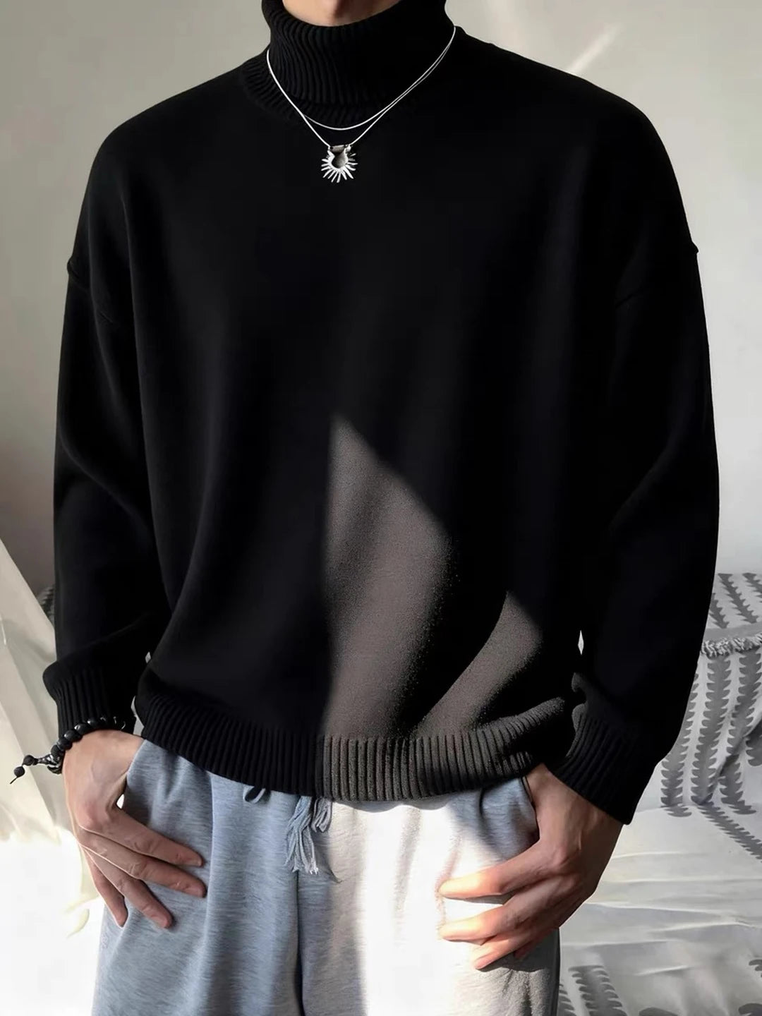 Men's High Collar Fleece Lined Sweater Black Warm Underwear Knitted Shirt Cleanfit Maturity Style Base Shirt Citywalk Casual ...
