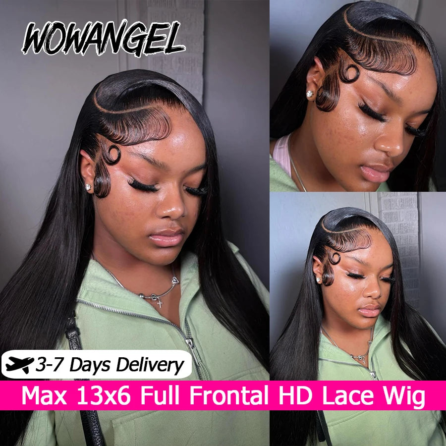 WOWANGEL Straight Lace Front Wigs 100% Human Hair 13X6 HD Lace Full Frontal Wig Pre Plucked Brazilian Human Hair Wigs For Women