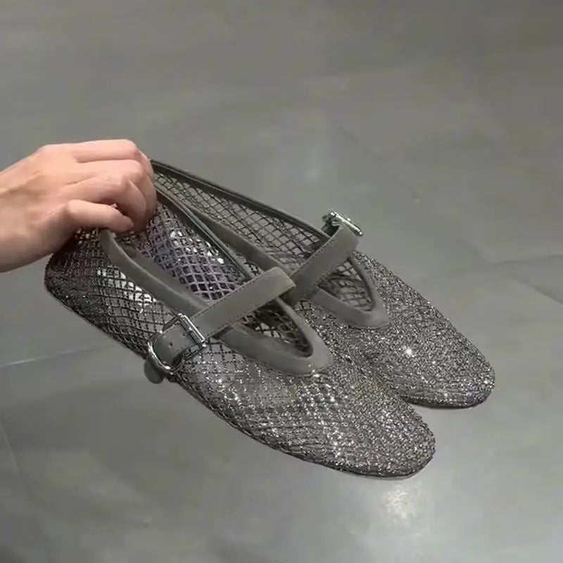 Hollow Rhinestone Baotou Sandals Women 2026 New Fishing Net Breathable Woven Mary Jane Single Shoes