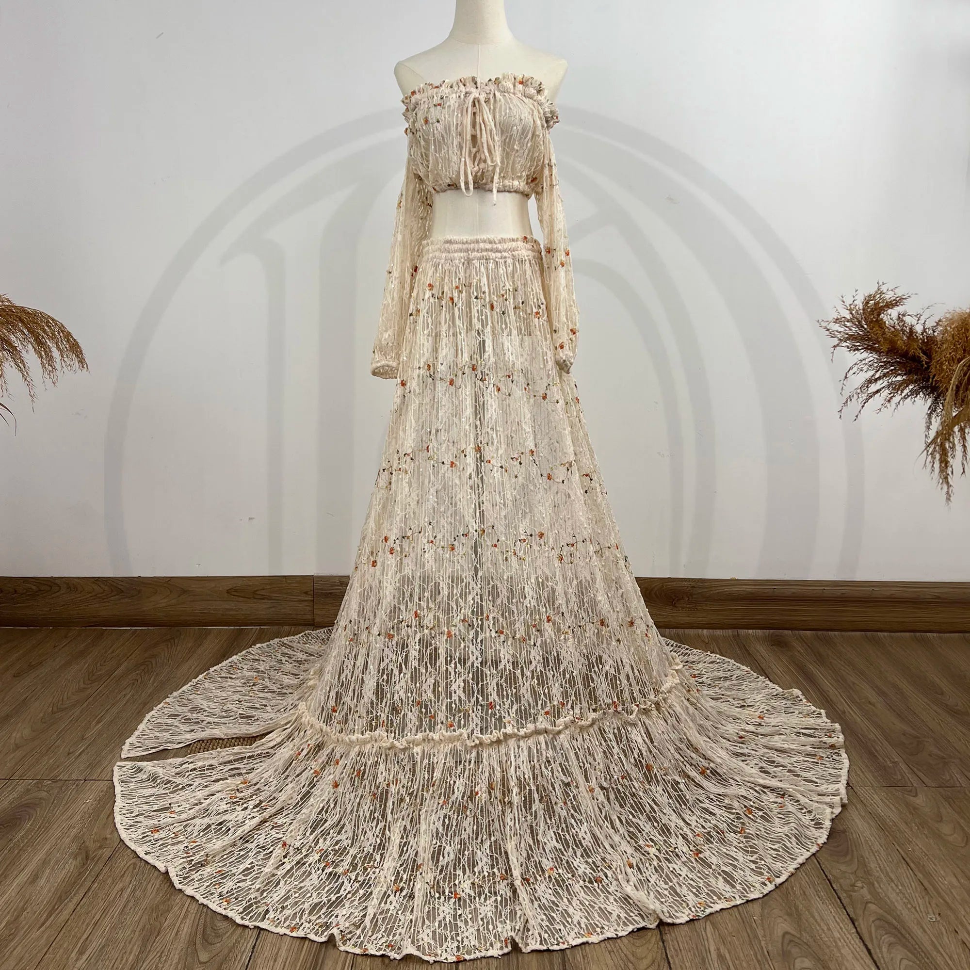 Don&Judy Flower Embroider Wedding Dresses Boho Bride Lace Two Pieces Party Gown Side Slit Maternity Photography Pregnancy Women