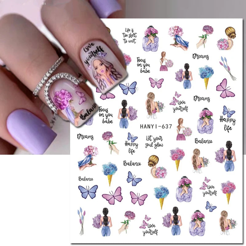 3d Nail Art Decals Grey Dry Florals Watercolor Nuance Flowers Adhesive Sliders Nails Stickers Decorations For Manicures Tips